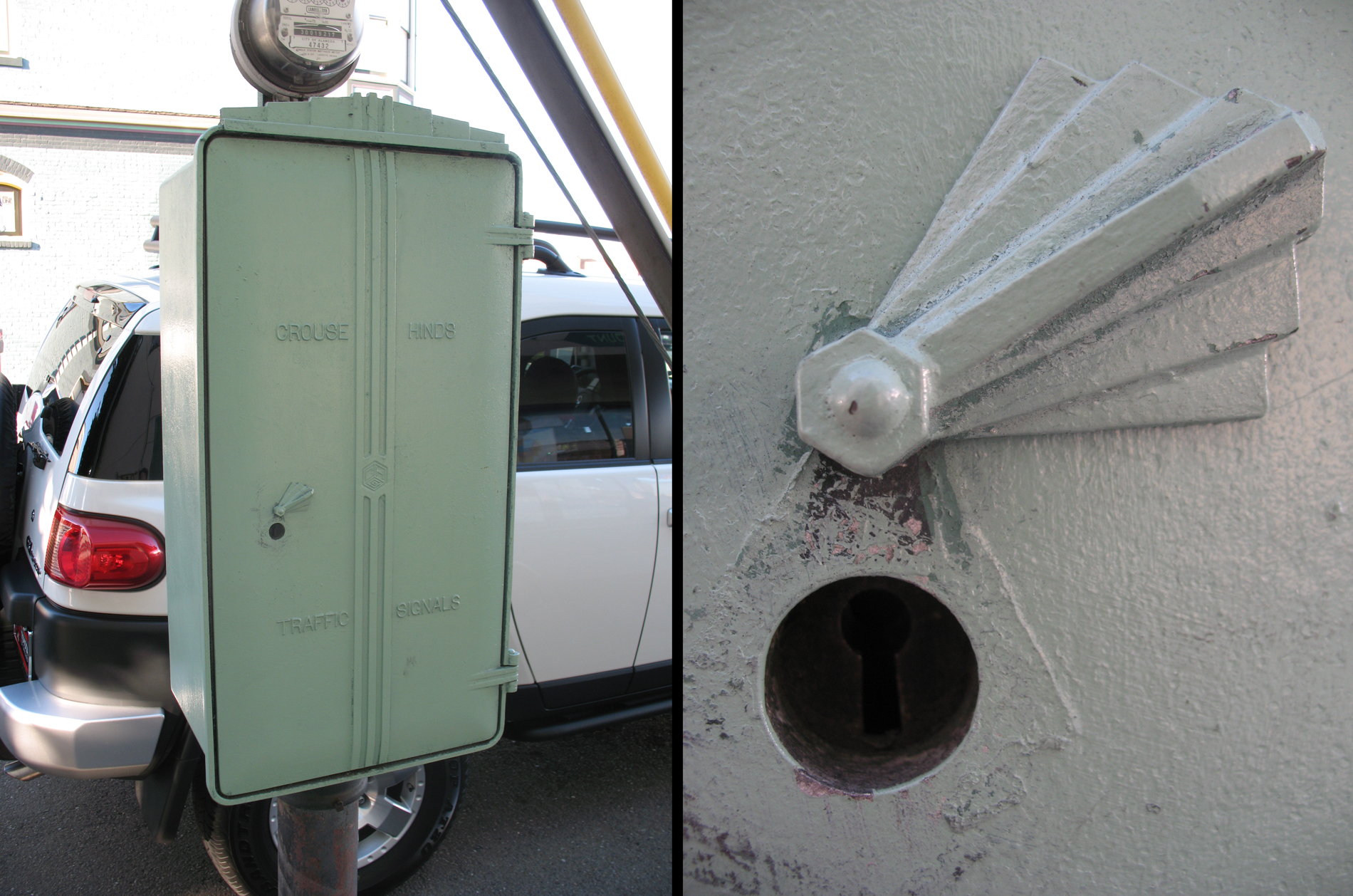 Grouse Hinds art deco design traffic signal cabinet shown in left photo. Detail of cabinet keyway shown in right photo. The keyway cover is also art deco/geometric design. Grouse Hinds art deco design traffic signal cabinet shown in left photo. Detail of cabinet keyway shown in right photo. The keyway cover is also art deco/geometric design.