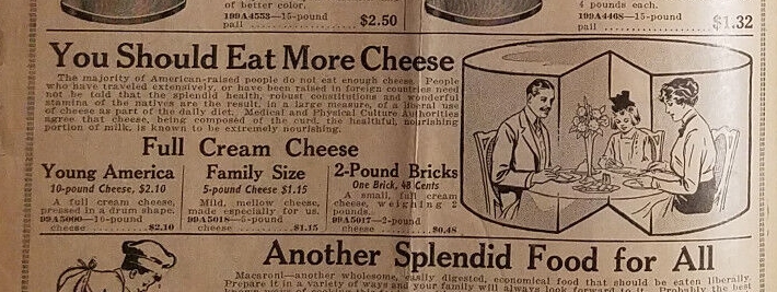 A catalog entry entitled “You Should Eat More Cheese” featuring a family of three sitting down for a cheese-heavy meal explosion overlaid on a “wheel” of cheese with a section cut out of it, like Pac-Man but just behind the family looming large, facing it and the viewer (you and/or us). “The majority of American-raised people do not eat enough cheese ...” In actuality -cream- cheese, available in three sizes ‒ “Young America” “Family Size” “2-Pound Bricks” A catalog entry entitled “You Should Eat More Cheese” featuring a family of three sitting down for a cheese-heavy meal explosion overlaid on a “wheel” of cheese with a section cut out of it, like Pac-Man but just behind the family looming large, facing it and the viewer (you and/or us). “The majority of American-raised people do not eat enough cheese ...” In actuality -cream- cheese, available in three sizes ‒ “Young America” “Family Size” “2-Pound Bricks”