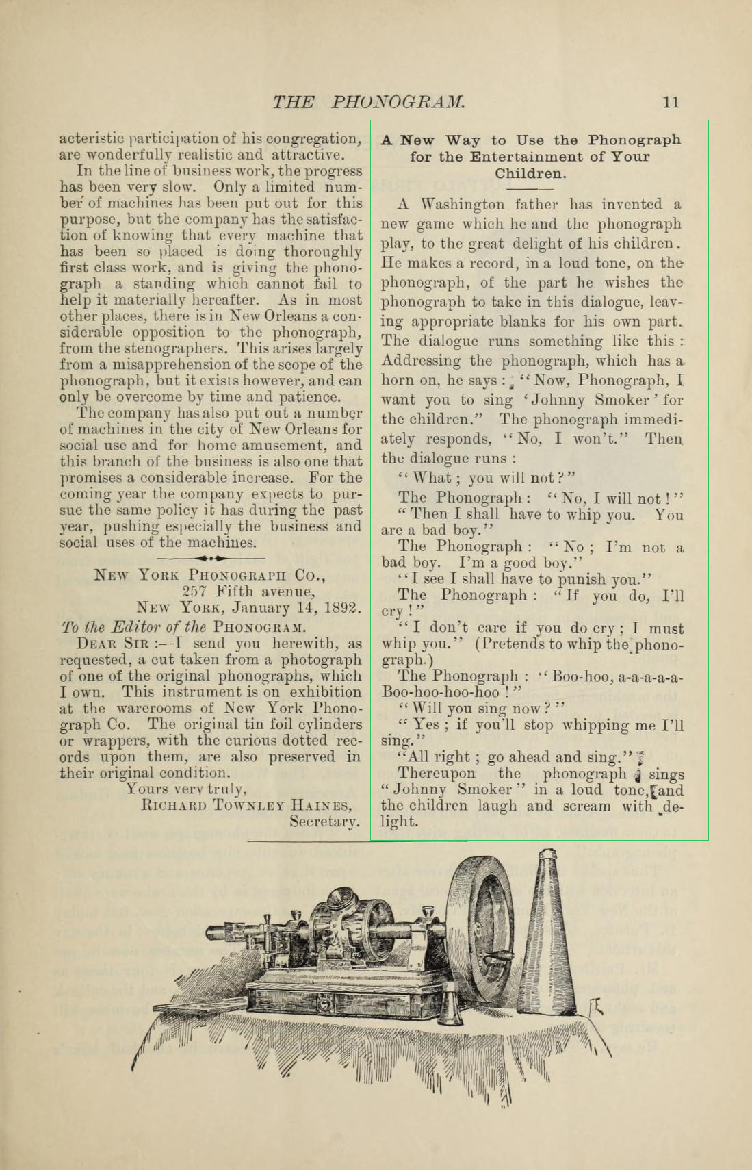 Article details “Washington father” who cut a record so he could do a call-and-response with the phonograph as if the phonograph was a small boy that the father threatens to whip if he/it does not sing a song, all for the entertainment of his children. The phonograph is pretend-beaten and the children “laugh and scream with delight.” Article details “Washington father” who cut a record so he could do a call-and-response with the phonograph as if the phonograph was a small boy that the father threatens to whip if he/it does not sing a song, all for the entertainment of his children. The phonograph is pretend-beaten and the children “laugh and scream with delight.”
