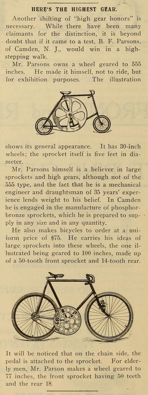 short article describing bicycles (two images) created by B. F. Parsons, one with a sprocket five feet in diameter. short article describing bicycles (two images) created by B. F. Parsons, one with a sprocket five feet in diameter.