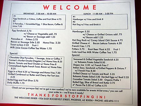 Welcome Diner menu Welcome Diner menu